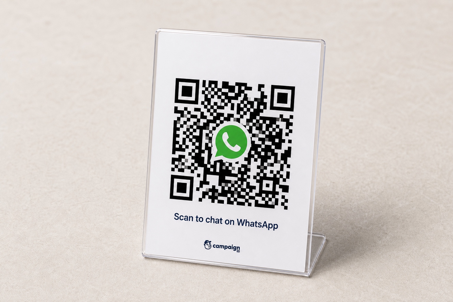 Standing plastic WhatsApp QR card with CampaignHQ logo — scan to chat on WhatsApp